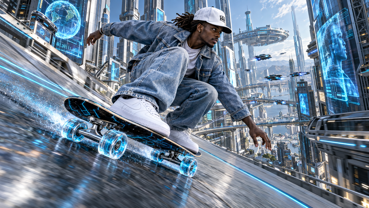 Création MINIA PIX : skateur futuriste dans une métropole cyberpunk
