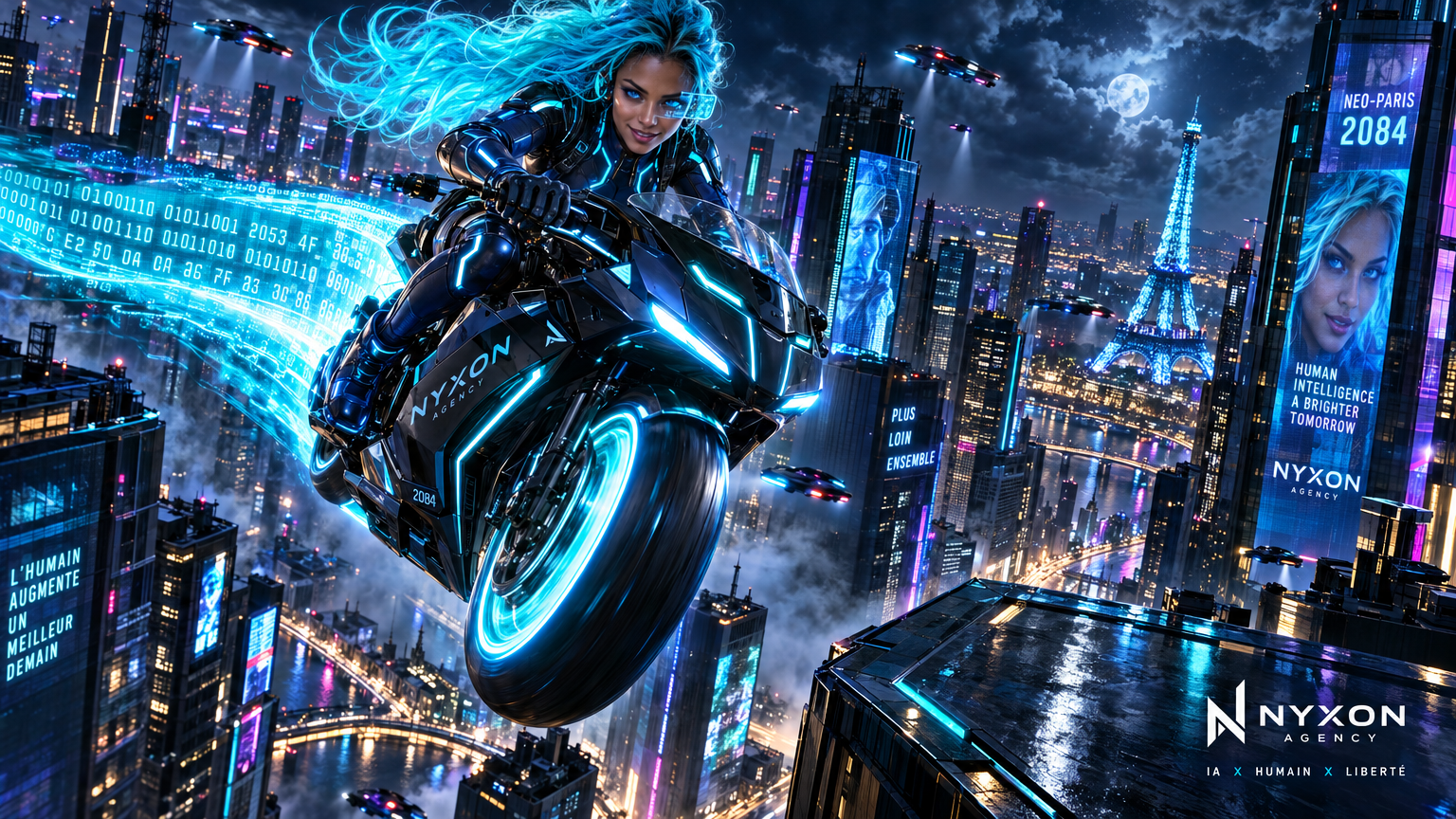 Création MINIA PIX : moto cyberpunk NYXON Agency au-dessus de Paris