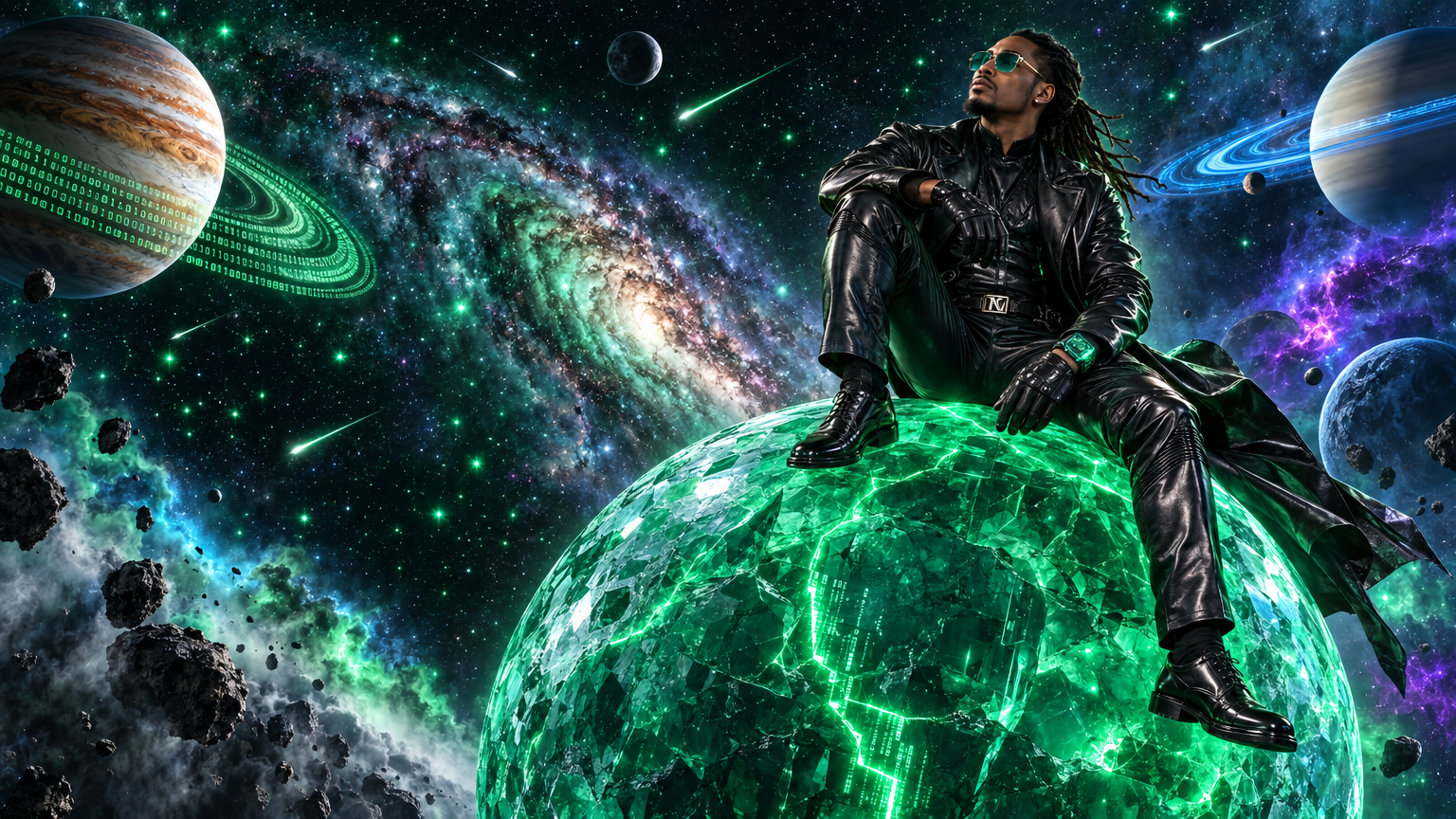 Création MINIA PIX : personnage sur une planète cristalline dans un univers cosmique