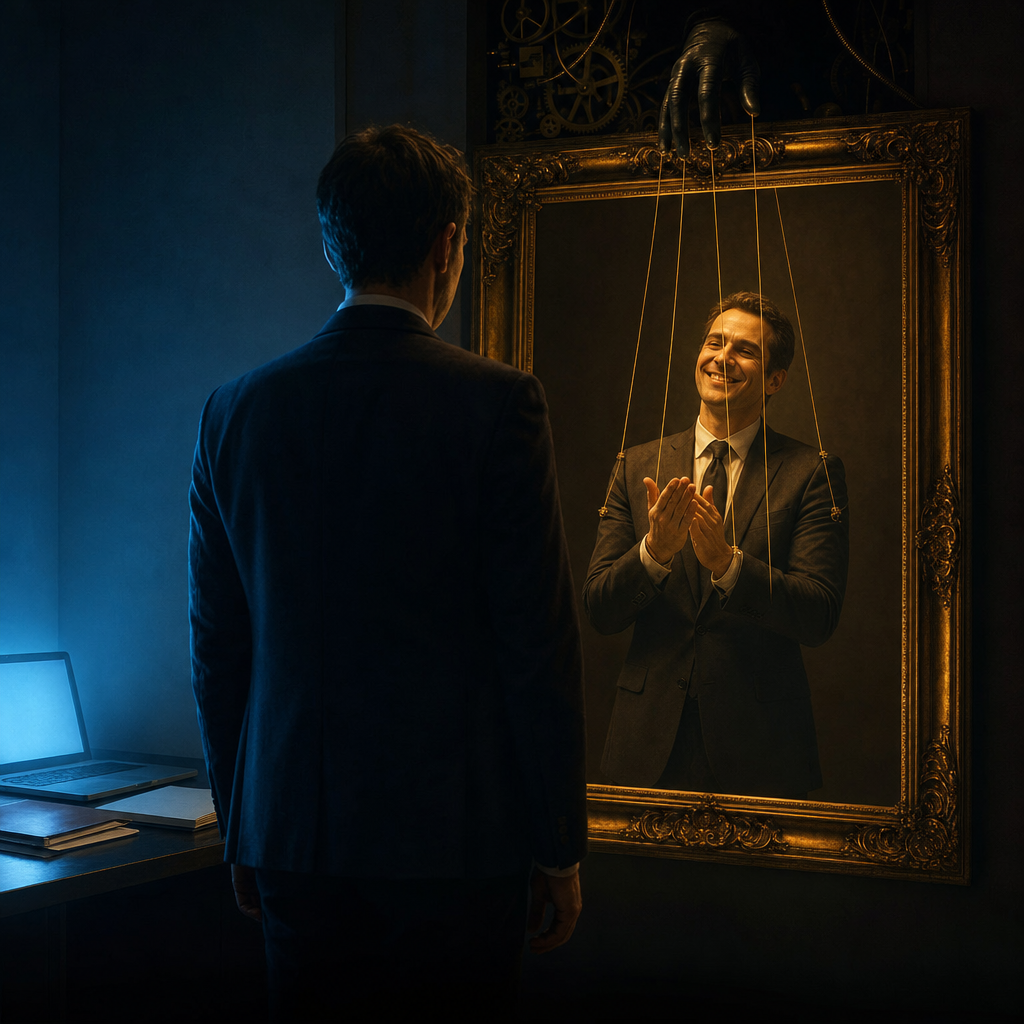 Création visuelle : homme face à un portrait manipulé comme une marionnette