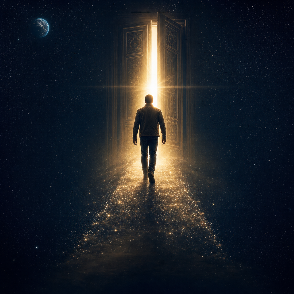 Création visuelle : homme franchissant une porte lumineuse ouverte sur l'espace